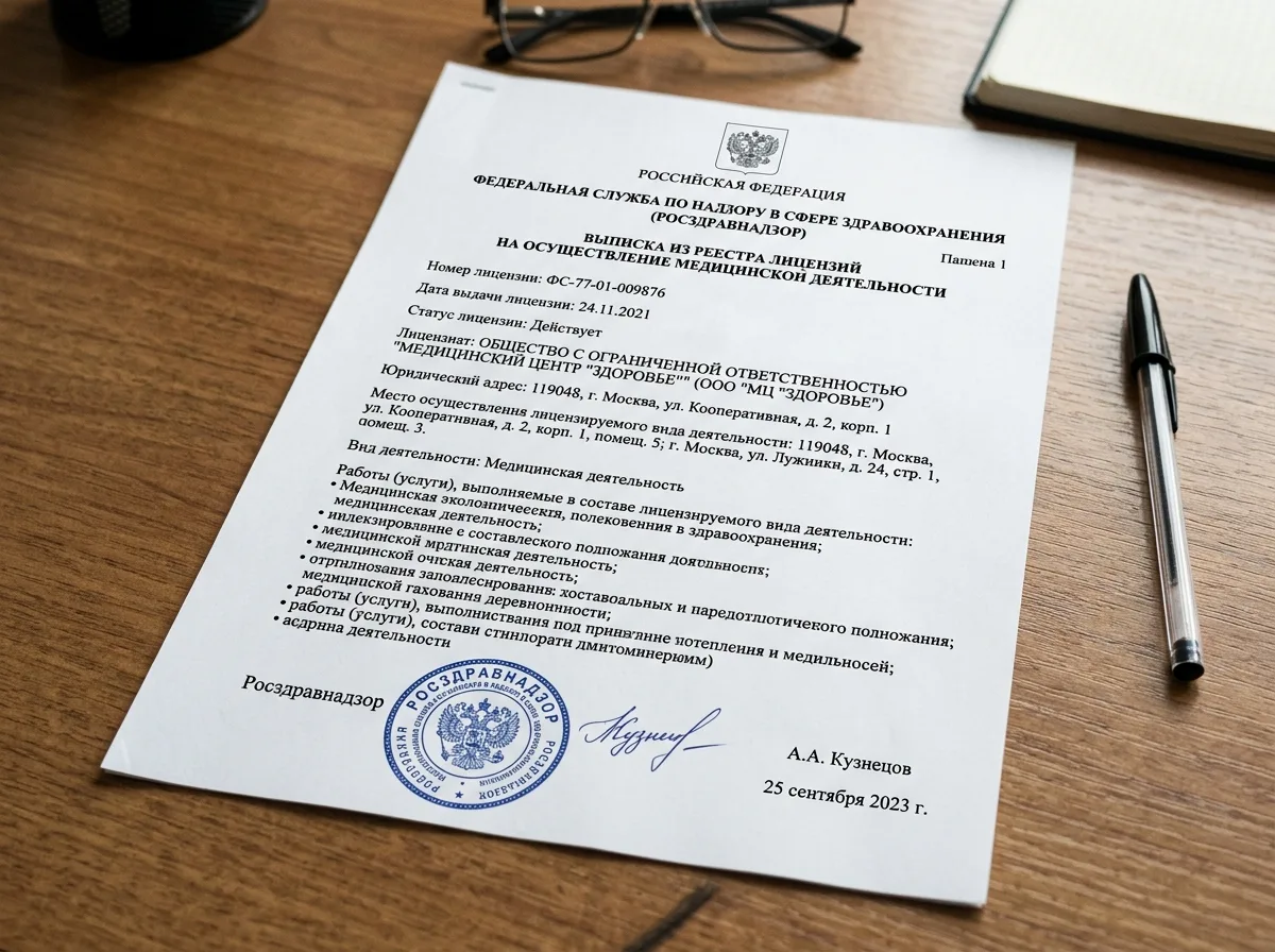 Выписка из реестра лицензий Федеральной службы по надзору в сфере здравоохранения, страница 1, официальный документ формат А4