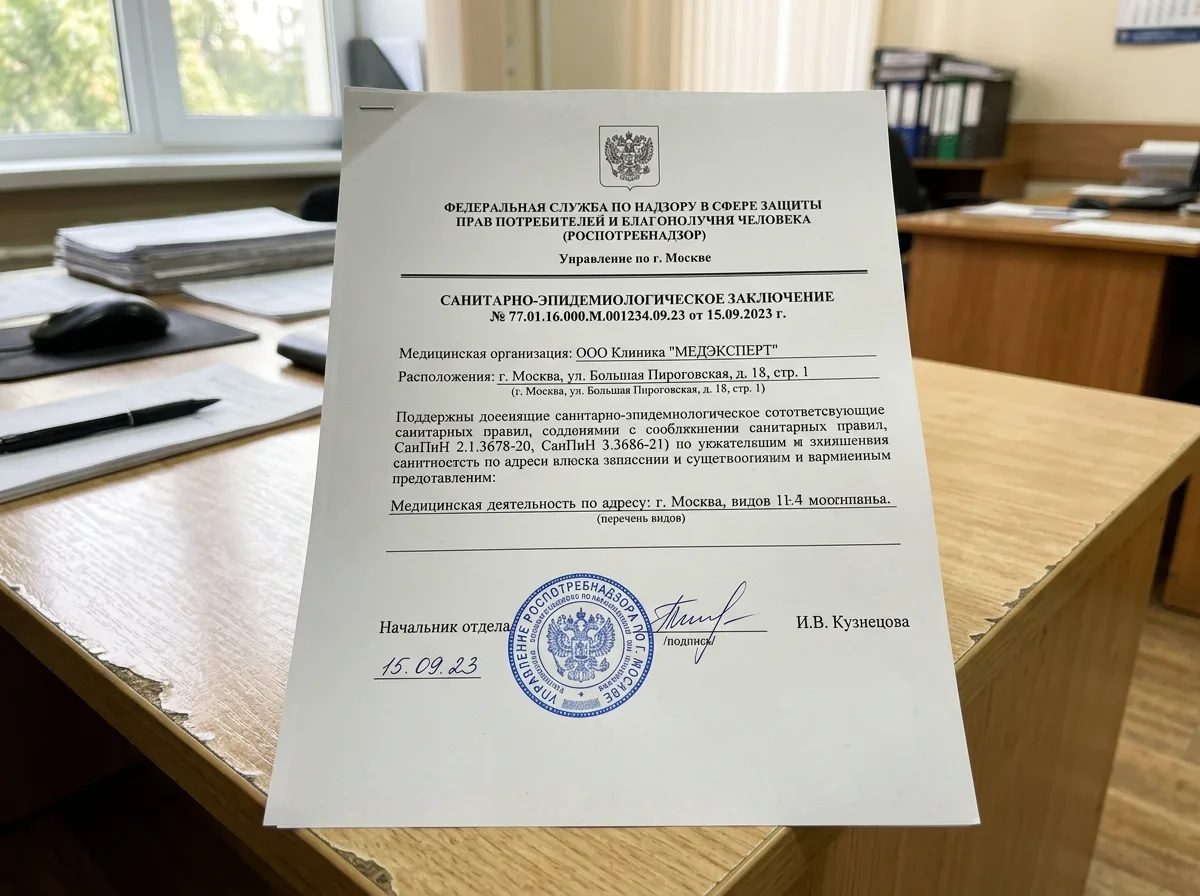 Санитарно-эпидемиологическое заключение Роспотребнадзора, официальный документ с печатью, выданный медицинской организации